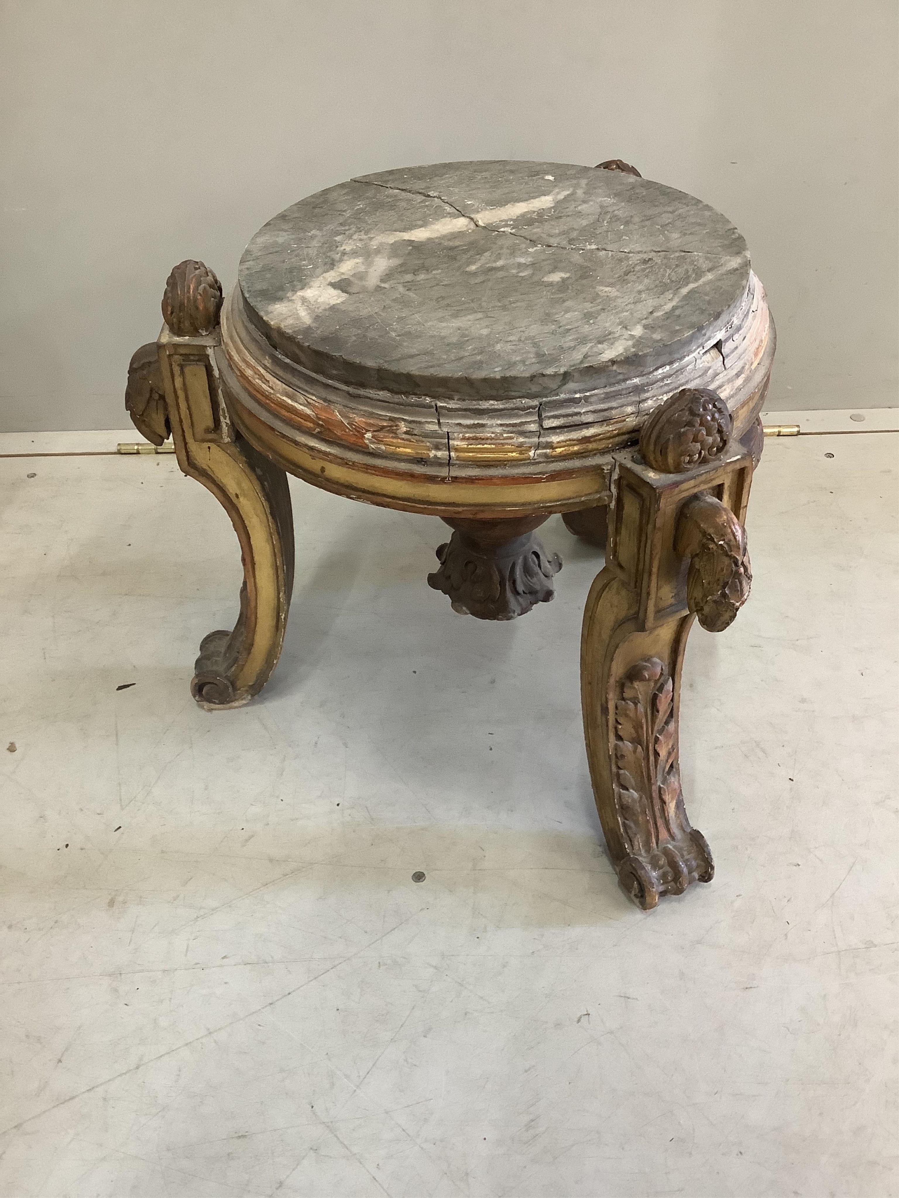 A pair of 19th century circular marble topped vase stands, diameter 42cm, height 40cm. Condition - poor, one marble top cracked and now in two sections